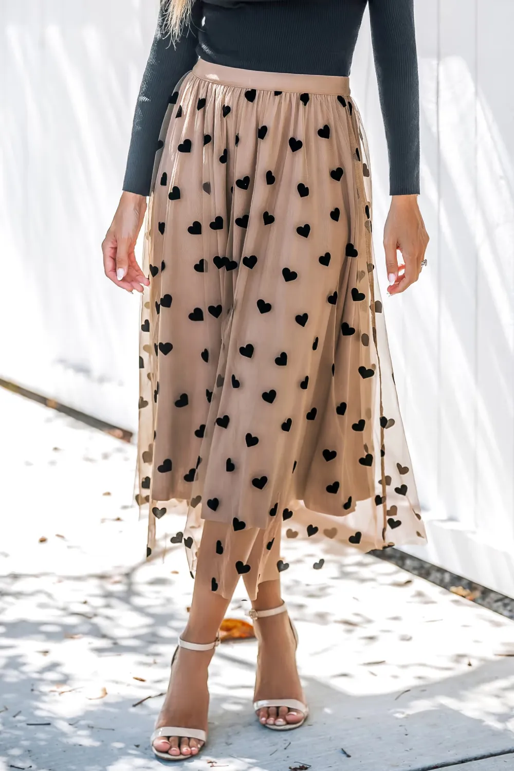 Heart Print Mesh Midi Skirt