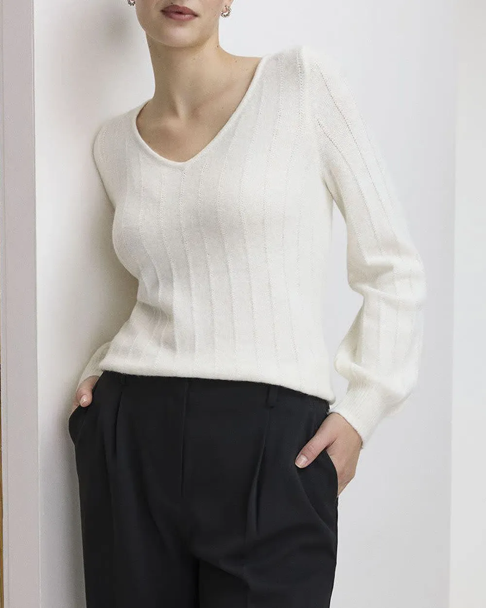 Long-Balloon-Sleeve V-Neck PlushSoft Sweater