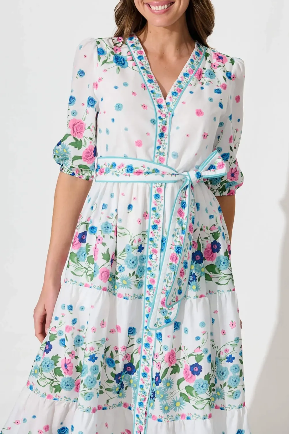White Floral Print Tiered Midi Dress