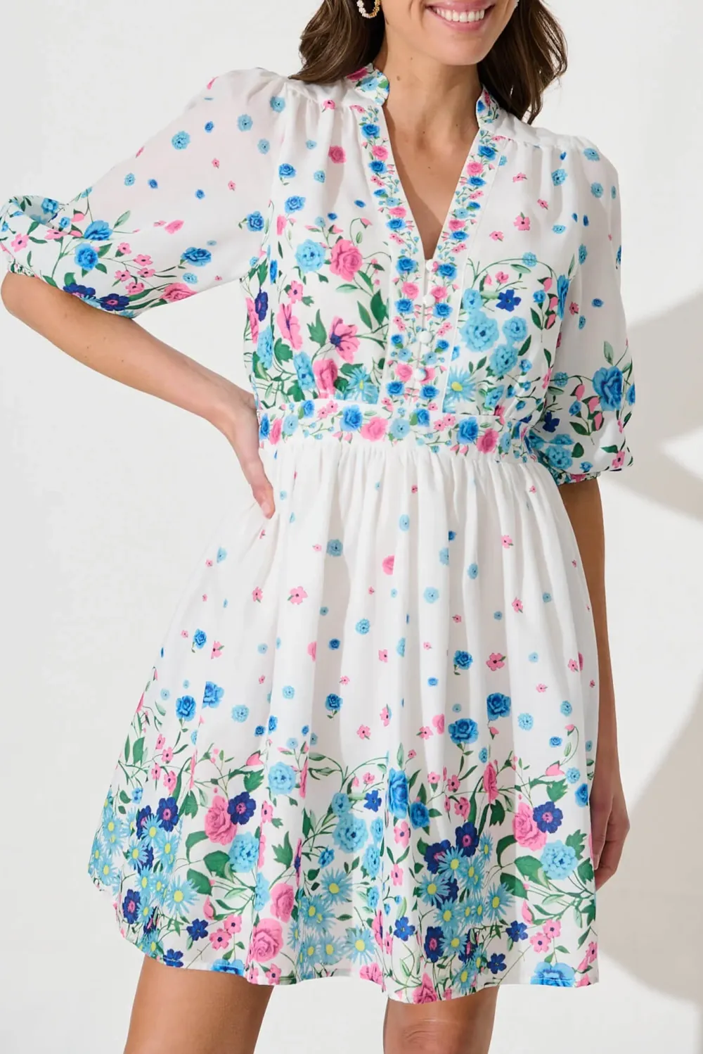 White Floral Print Mini Dress With Puff Sleeves