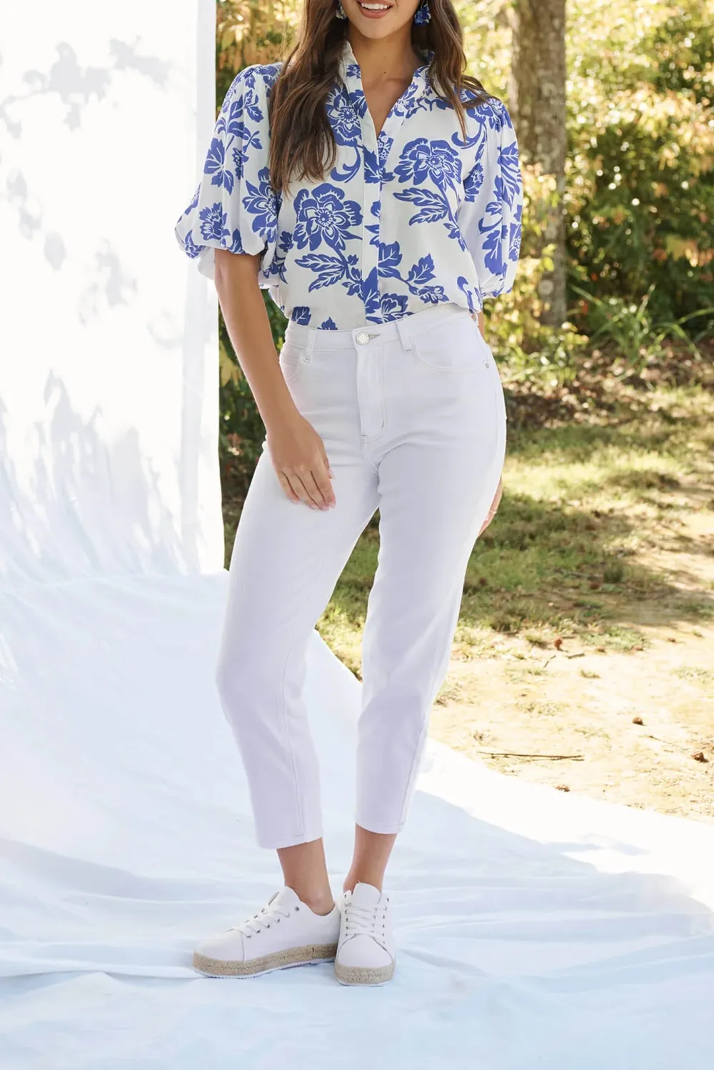 White Shirt With Blue Floral & Puff Sleeves