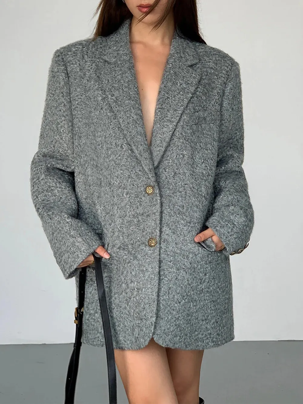 Tweed Metal Button Lapel Long Sleeve Blazer