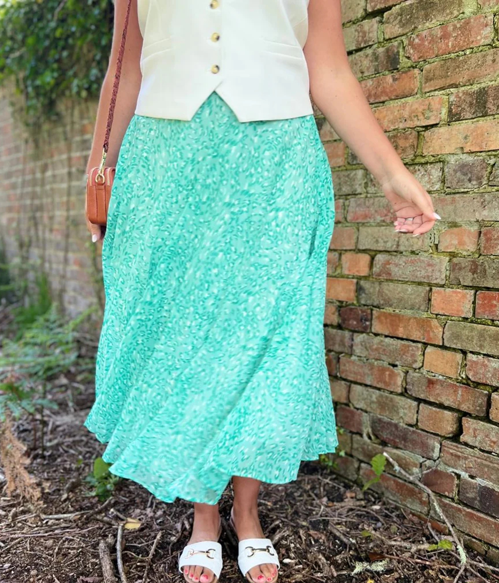 Green Swirling Animal Pleated Midi Skirt 6