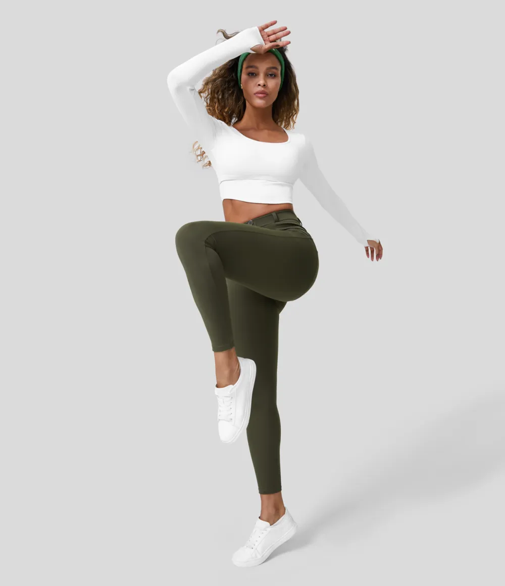 Eco High Waisted Button Ruched Yoga 7/8 Leggings
