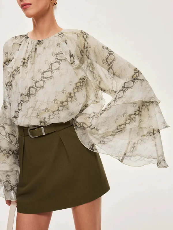 Printed Crew Neck Ruffle Sleeve Blouse