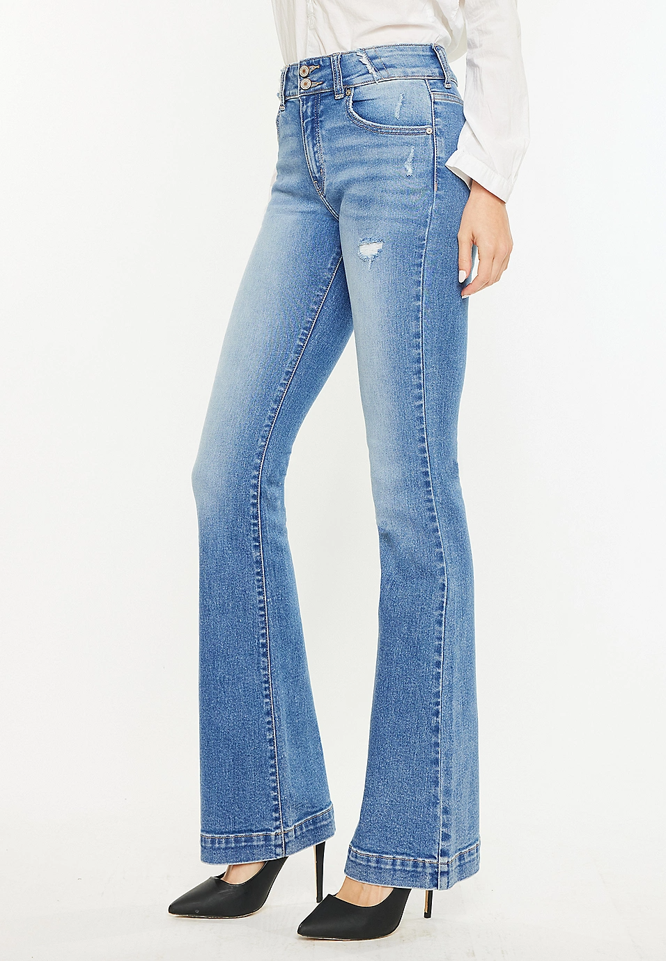 KanCan High Rise Double Button Wide Hem Flare Jean