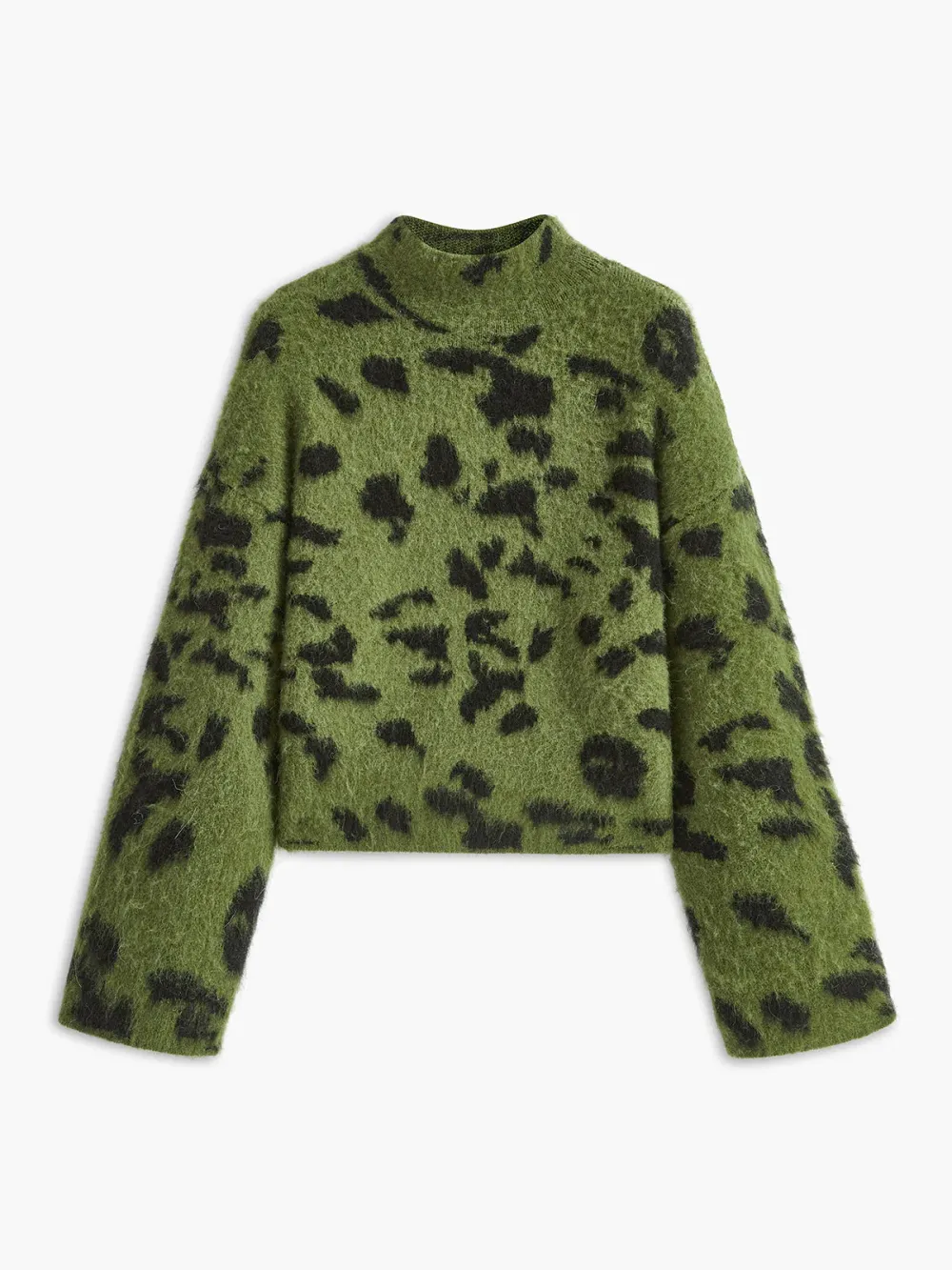 Fuzzy Leopard Drop Shoulder High Neck Sweater