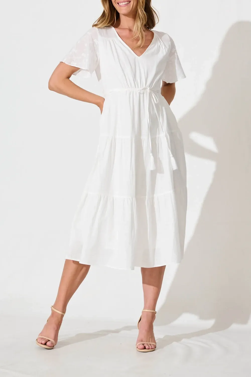 White Flutter Sleeve Tiered Midi Dress