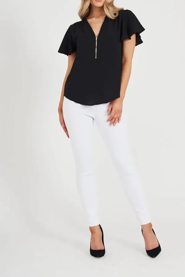 Black Zip Front Short Sleeve Blouse