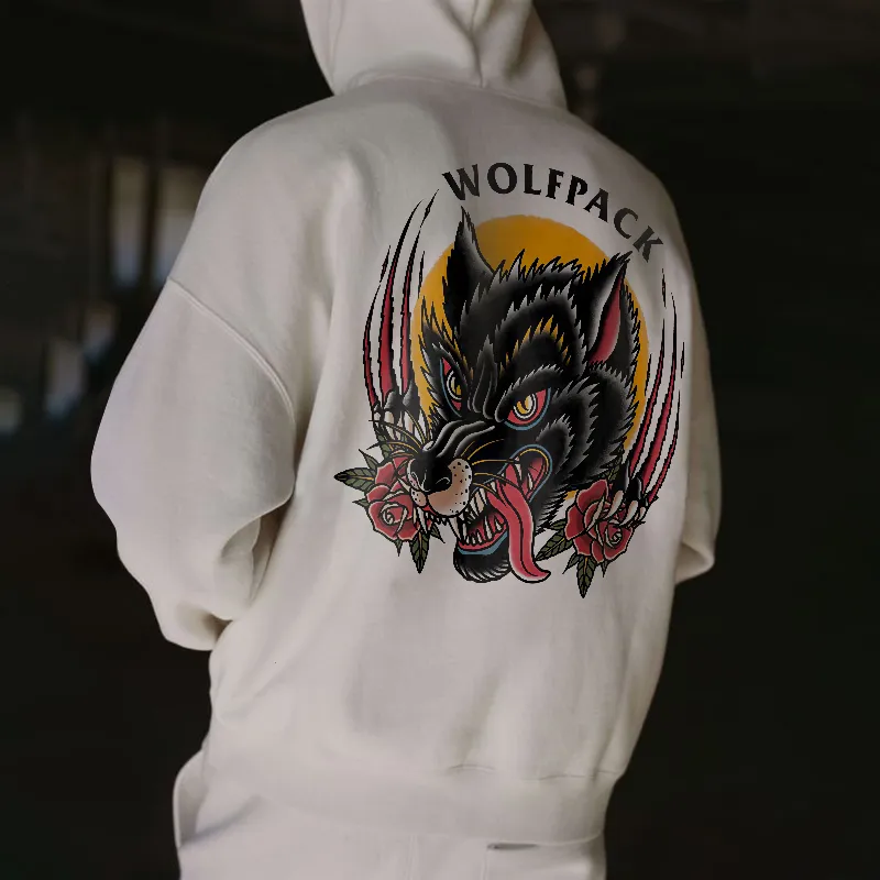 Ferocious Wolf Pack Print Streetwear Fashion Men閳ユ獨 Hoodie