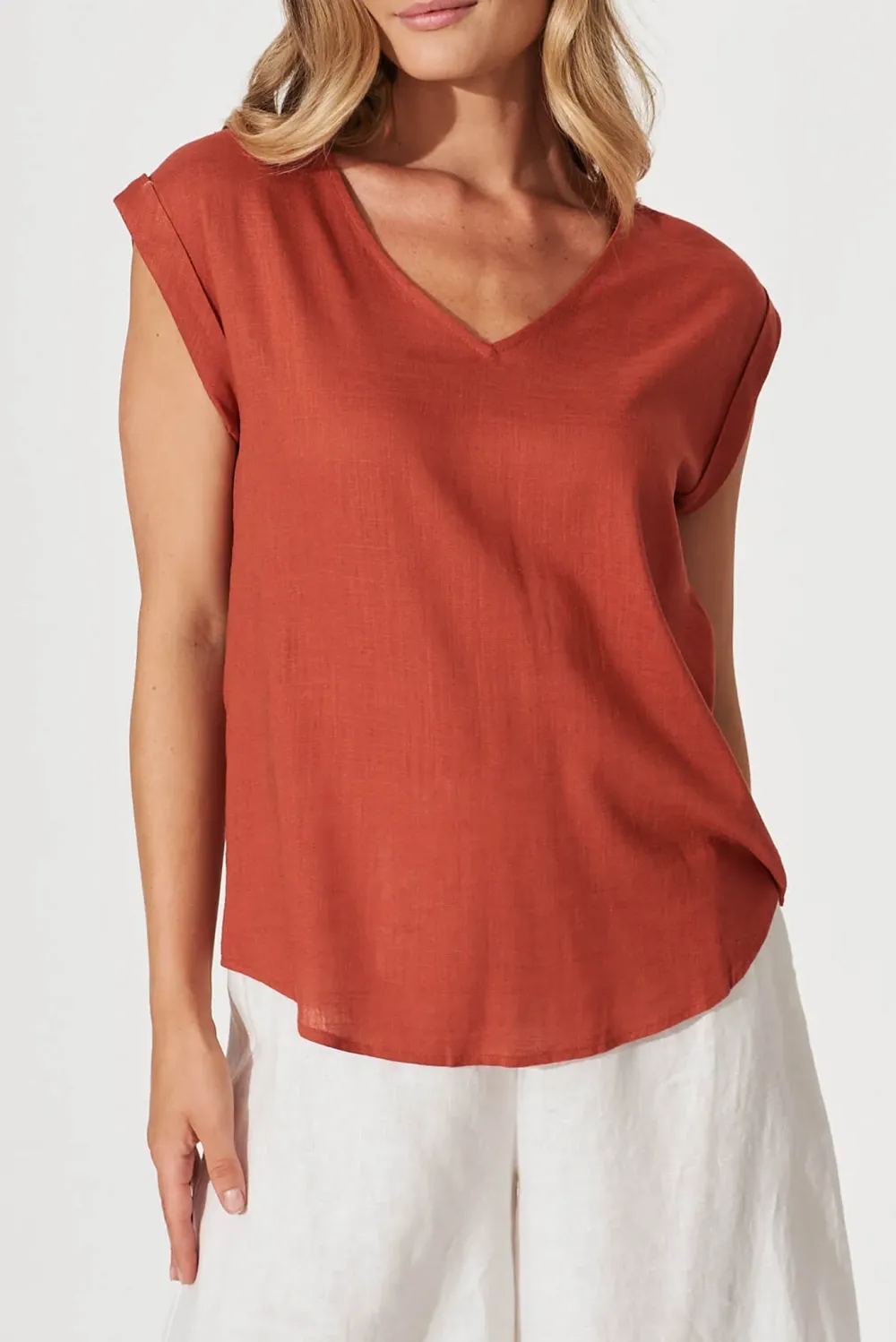 Rust Colored V Neck Short Sleeve Top