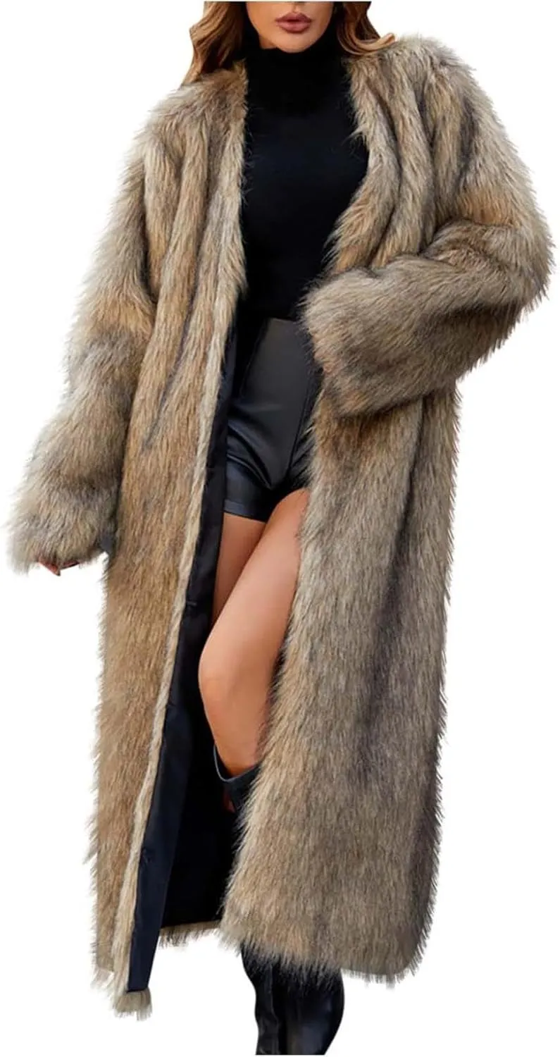 Mzkdieey Womens Faux Fur Warm Winter Coat Luxury Fluffy Parka Jacket Casual Open Front Cardigan Long Coat Outwear Overcoat