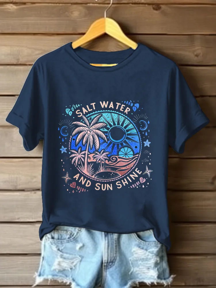 Women's Salt Water And Sunshine Round Neck Short Sleeves Pure Cotton T-Shirt