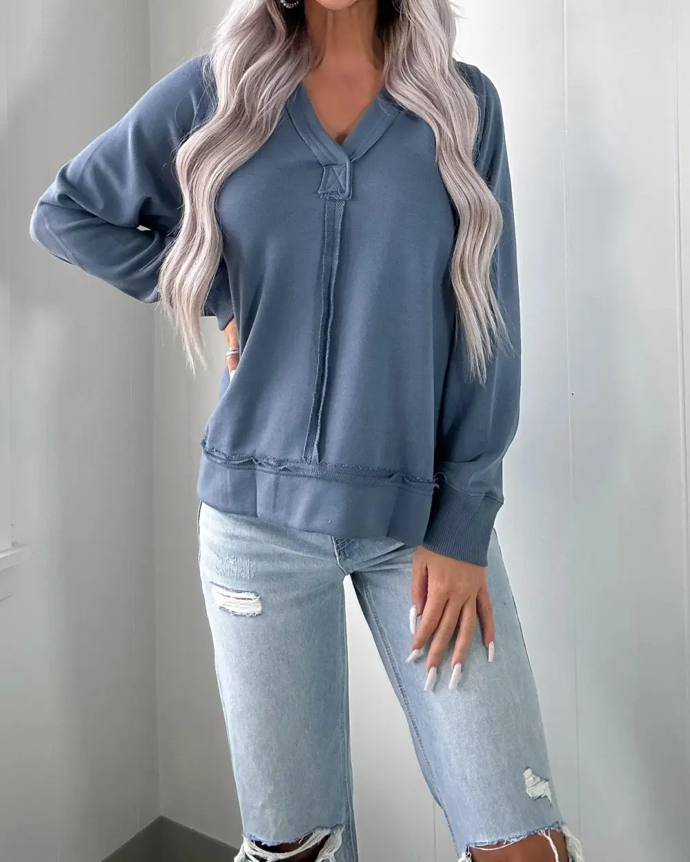 Raw Charm Long Sleeve Knit Top - Dusty Blue