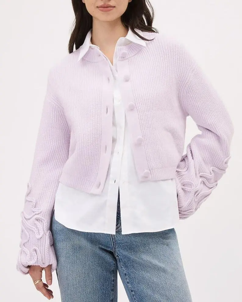 Long-Sleeve Crew-Neck Cardigan With Flower Appliques