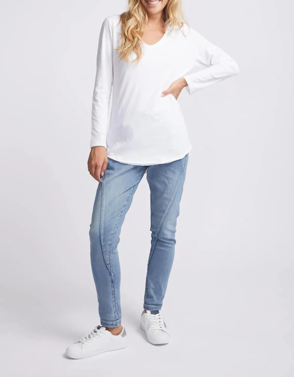 White Stripe Original V-Neck Long Sleeve T-Shirt