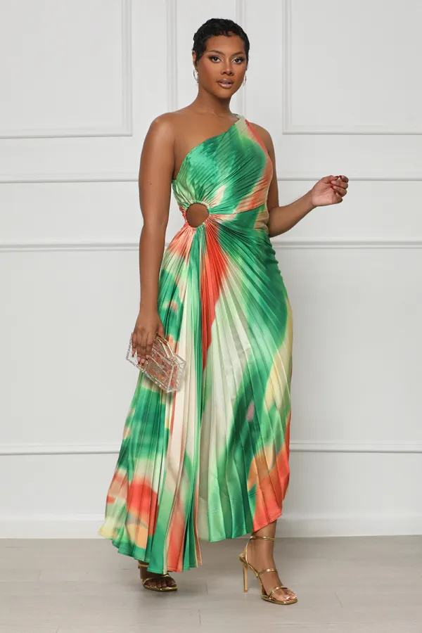 Sunkissed Watercolor One Shoulder Dress (Green Multi)