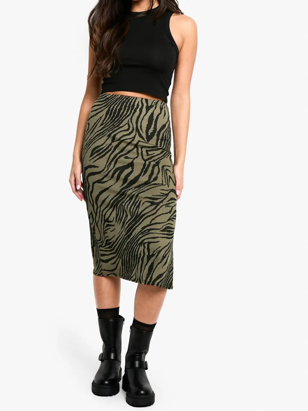 ZEBRA PRINT RIB SIDE SPLIT MIDI SKIRT