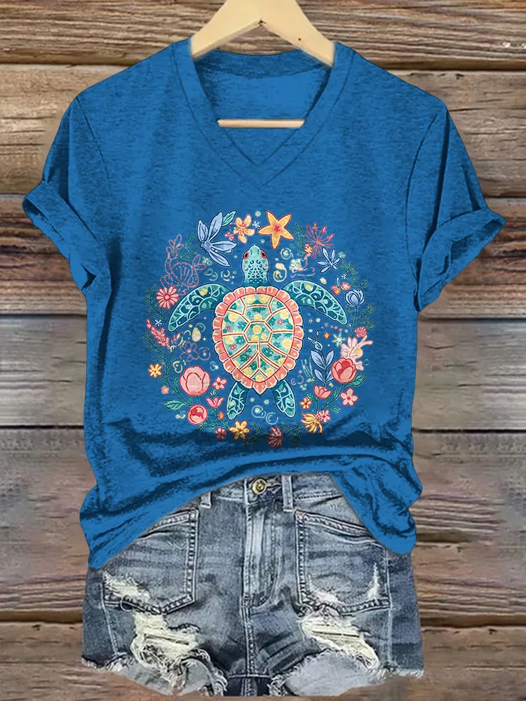 Women's Summer Vibes Short Sleeves V-Neck Pure Cotton T-Shirt
