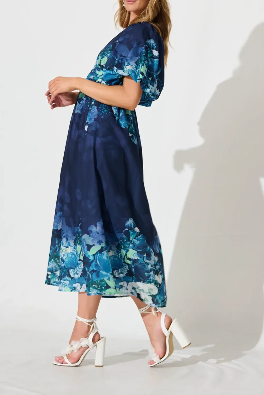 Navy Blue Floral Print Puff Sleeve Maxi Dress