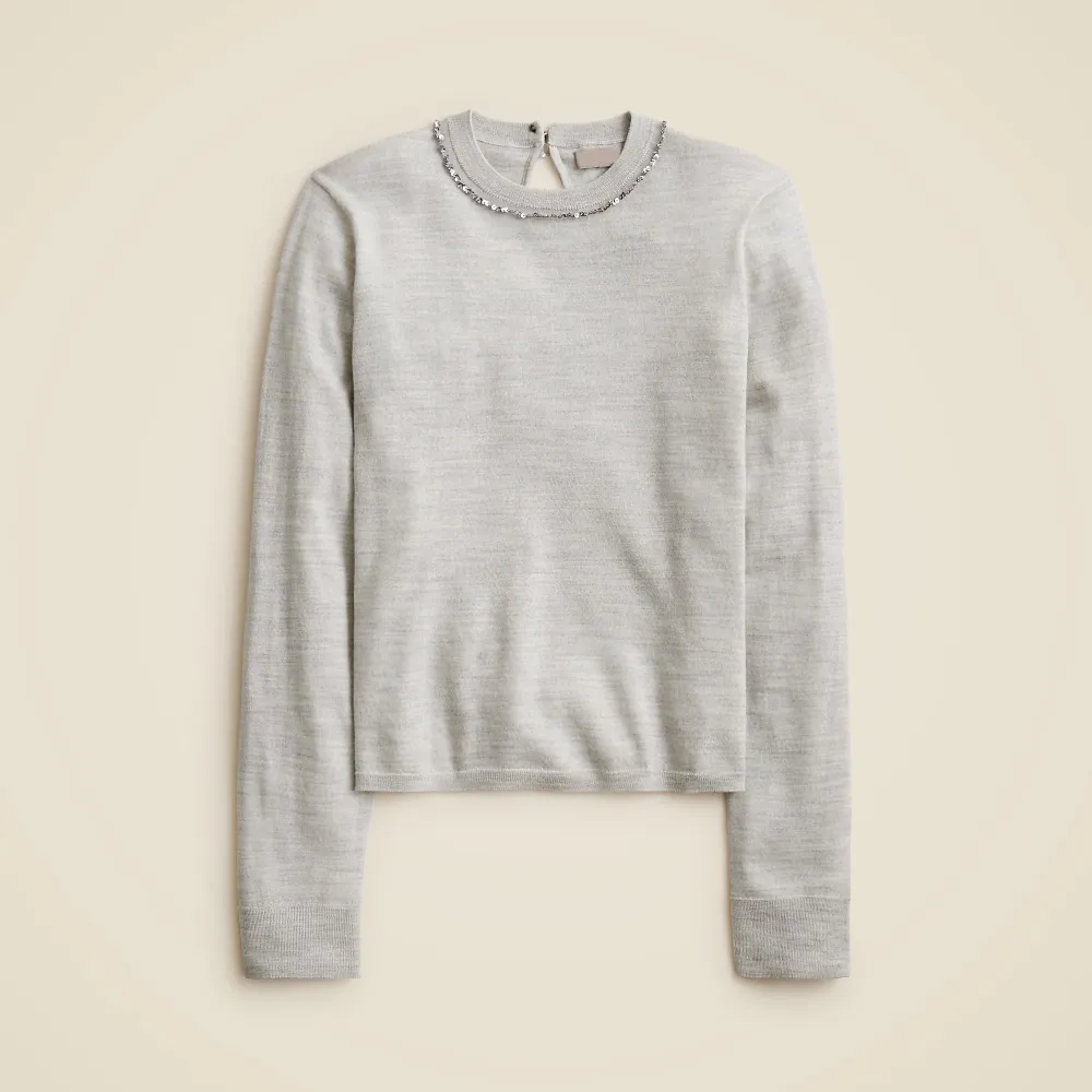 embellished fitted crewneck sweater in merino wool