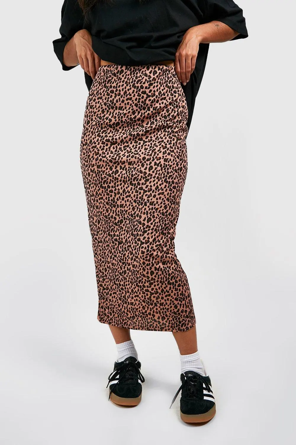 LEOPARD RIBBED MIDI SKIRT