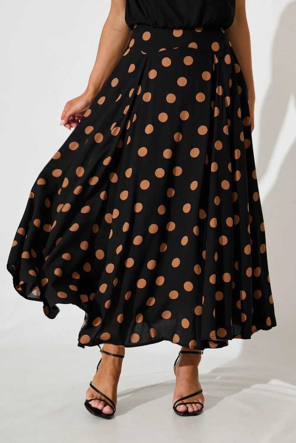 Black Polka Dot Flowy Midi Skirt