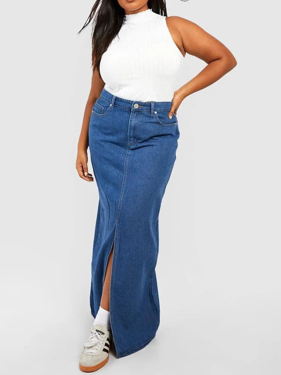 DENIM SPLIT FRONT MAXI SKIRT