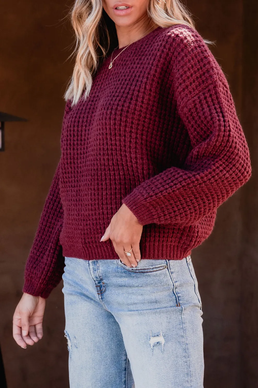 Burgundy Ribbed Waffle Knit Sweater