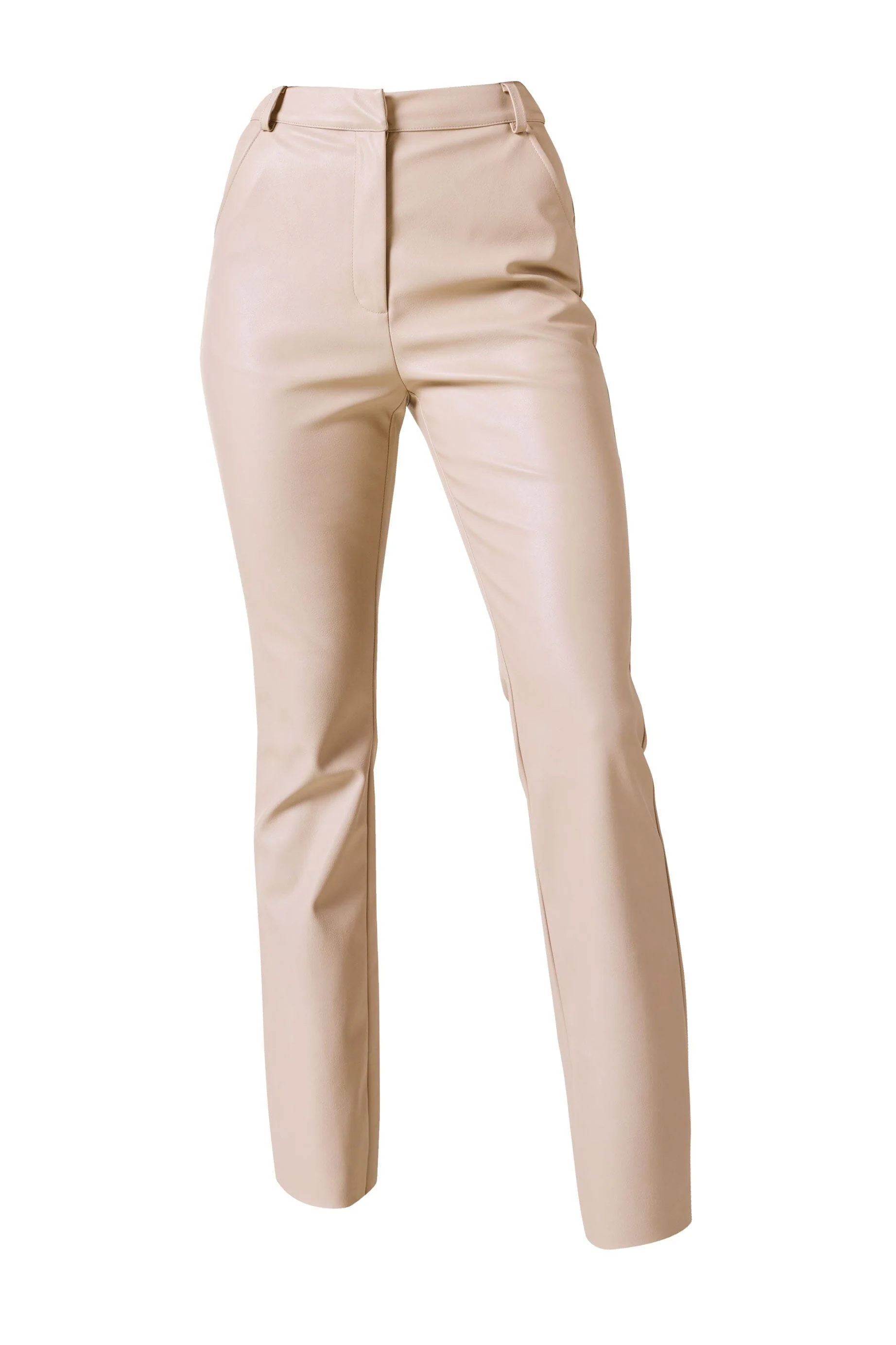 Beige Faux Leather Slim Fit Pants