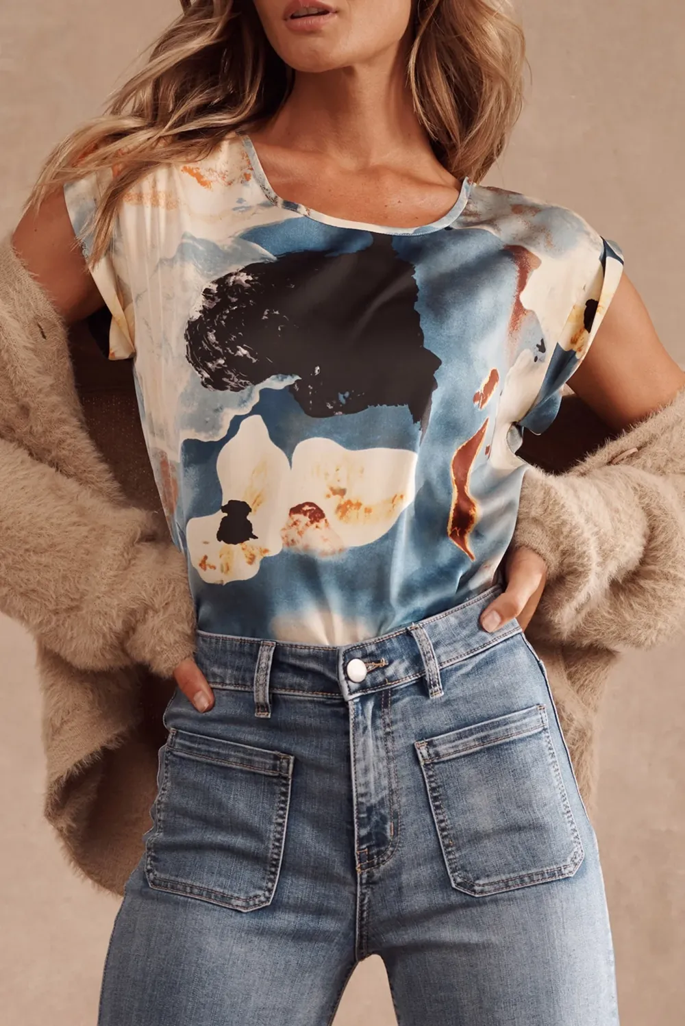 Blue Based Art Print Sleeveless Top