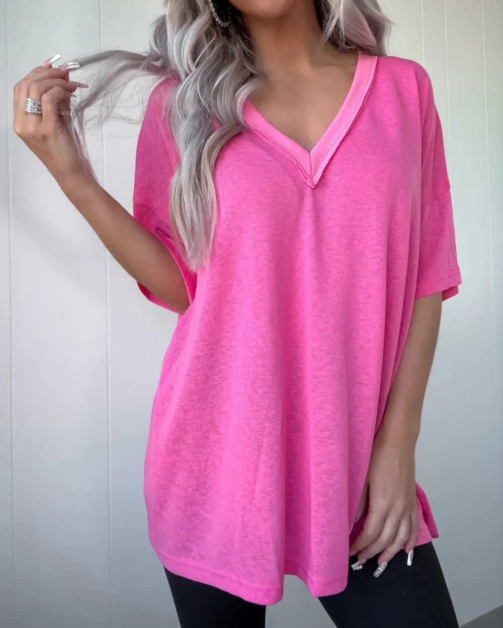 Ethereal Edge V-Neck Tee - Barbie Pink