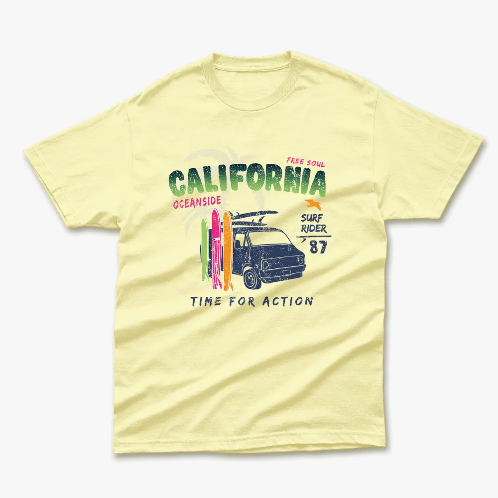 Retro Summer California Time For Action Printed T-Shirt