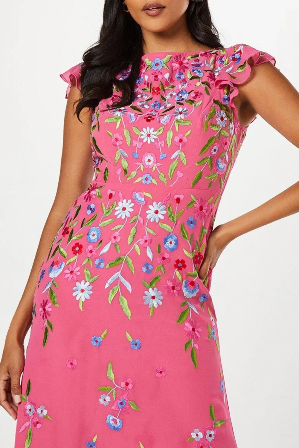 Trailing Embroidered Flutter Sleeve Midi Dress