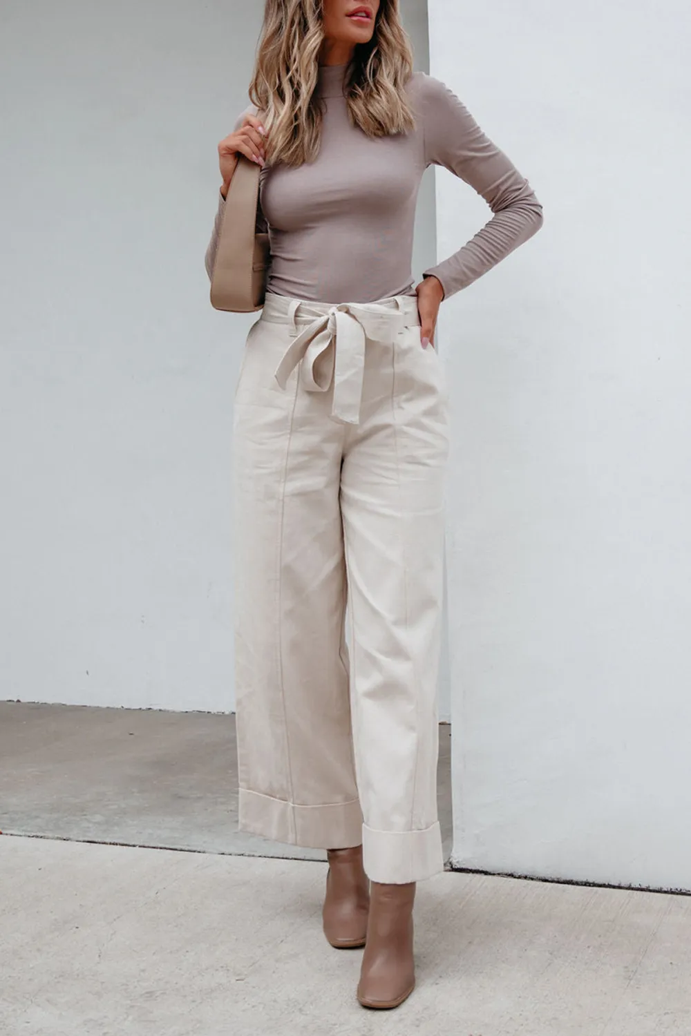 Belted Wide Leg Cuffed Pants - Natural