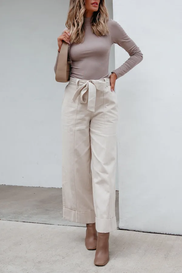 Belted Wide Leg Cuffed Pants - Natural