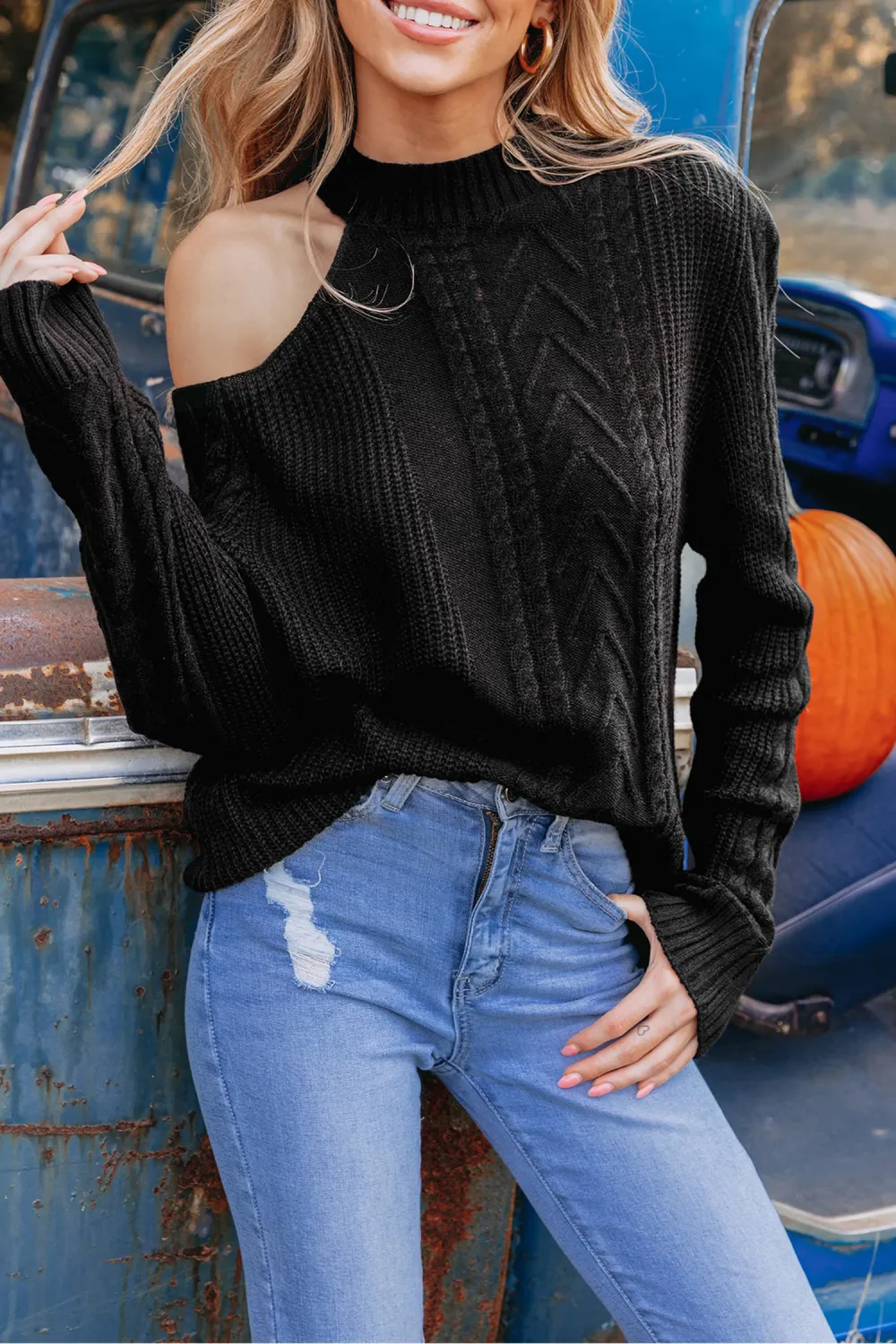 Cable Knit Mock Neck Cutout Sweater