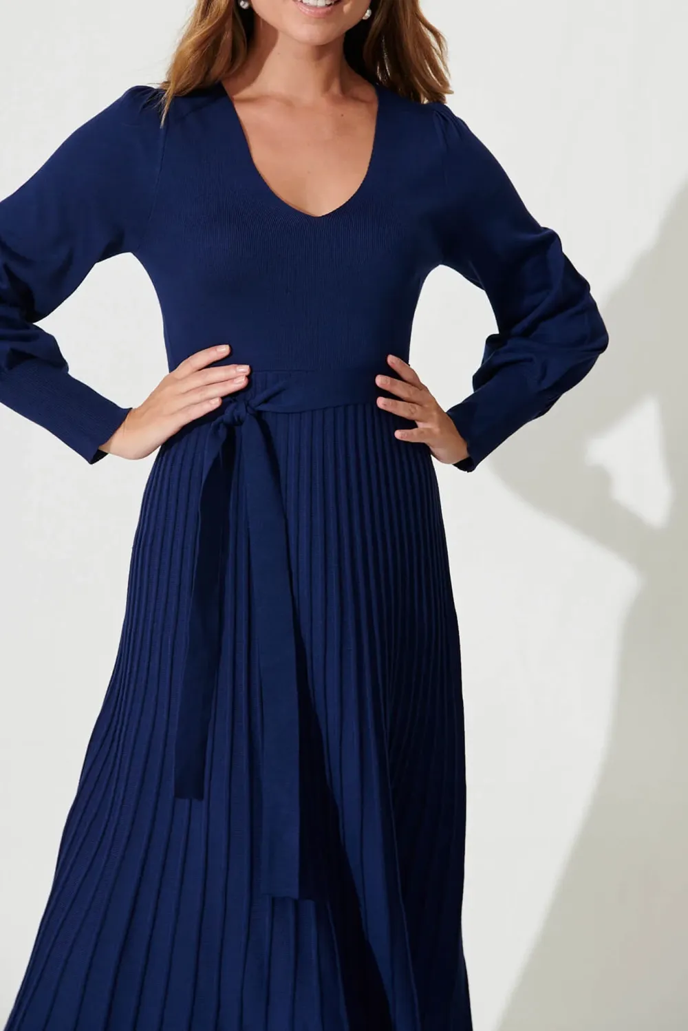 Navy Blue Belted Knit Midi Dress