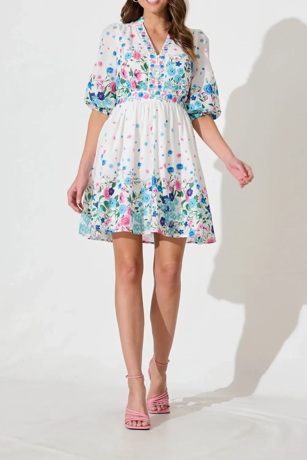 White Floral Print Mini Dress With Puff Sleeves
