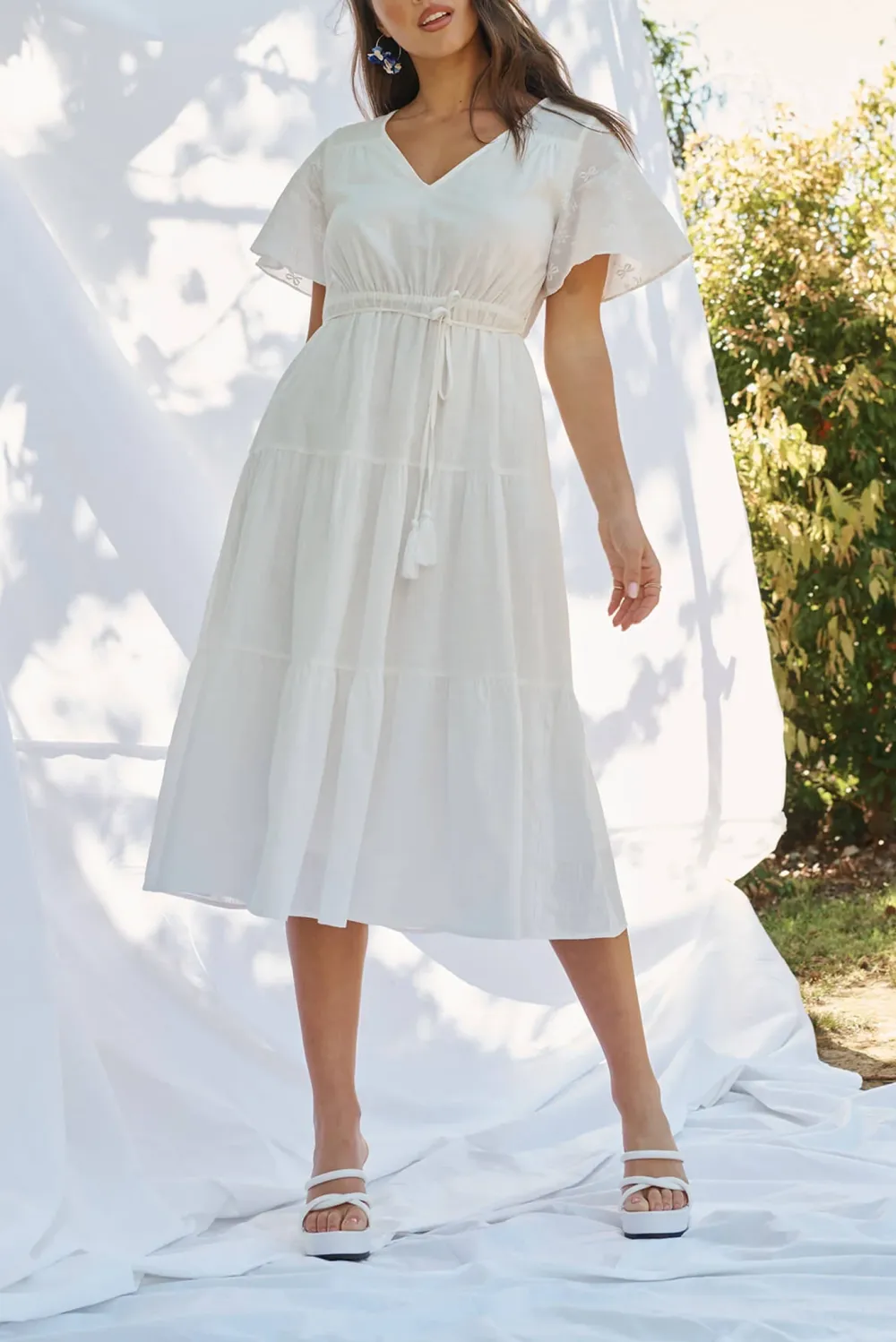 White Flutter Sleeve Tiered Midi Dress