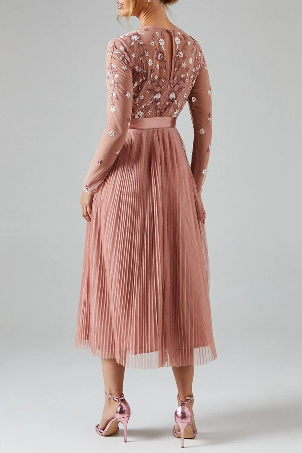 Embroidered Floral Bodice Pleated Bridesmaids Midi Dress