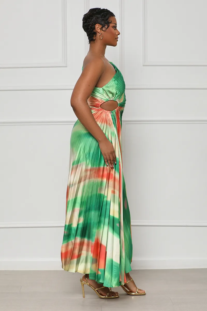 Sunkissed Watercolor One Shoulder Dress (Green Multi)