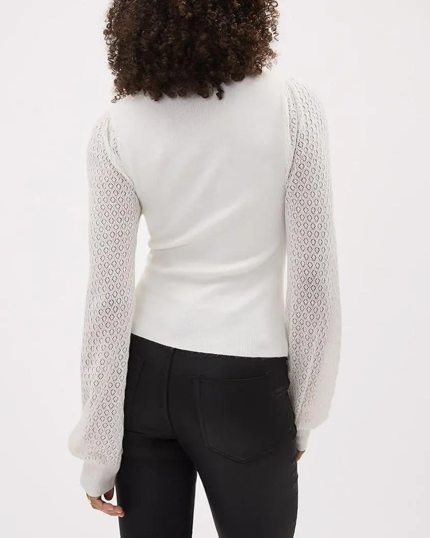 Long-Puffy-Sleeve V-Neck Sweater with Pointelle Stitches