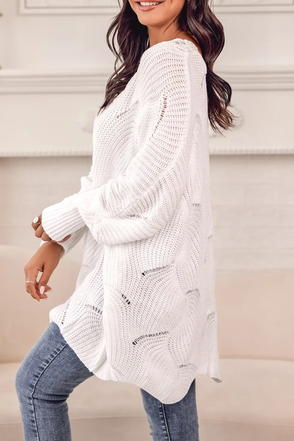 Floral Lace Pointelle Knit Scalloped Sweater