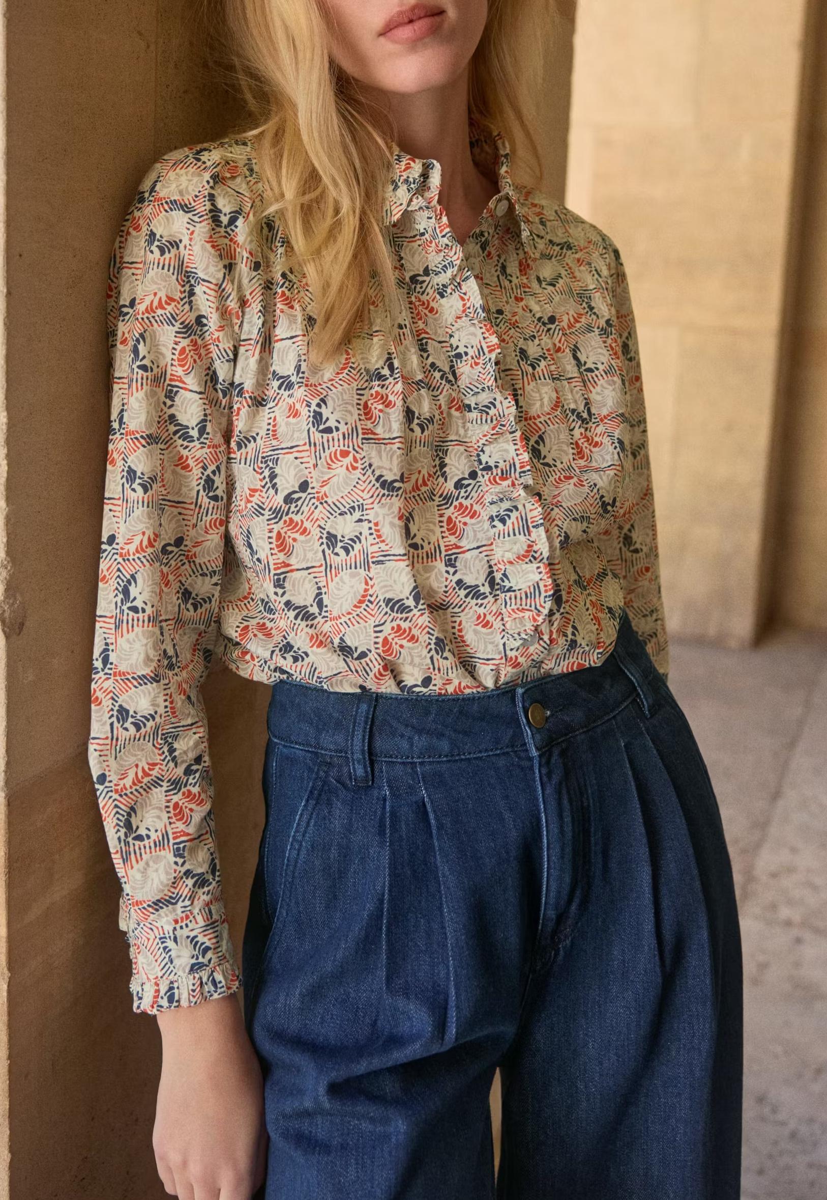 Printed pleated blouse ecru vermilion
Fine cotton