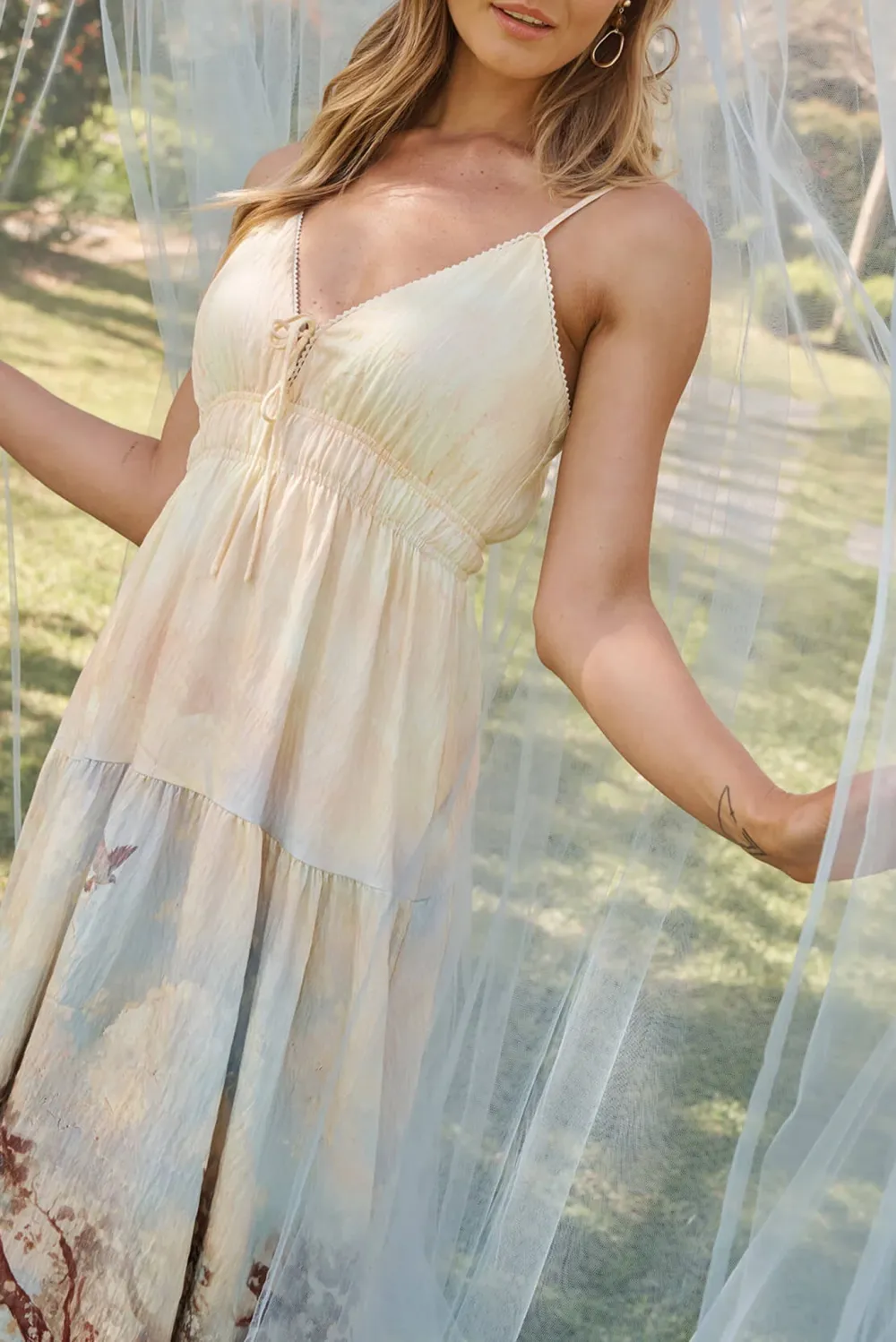 Beige Printed Spaghetti Strap Maxi Dress