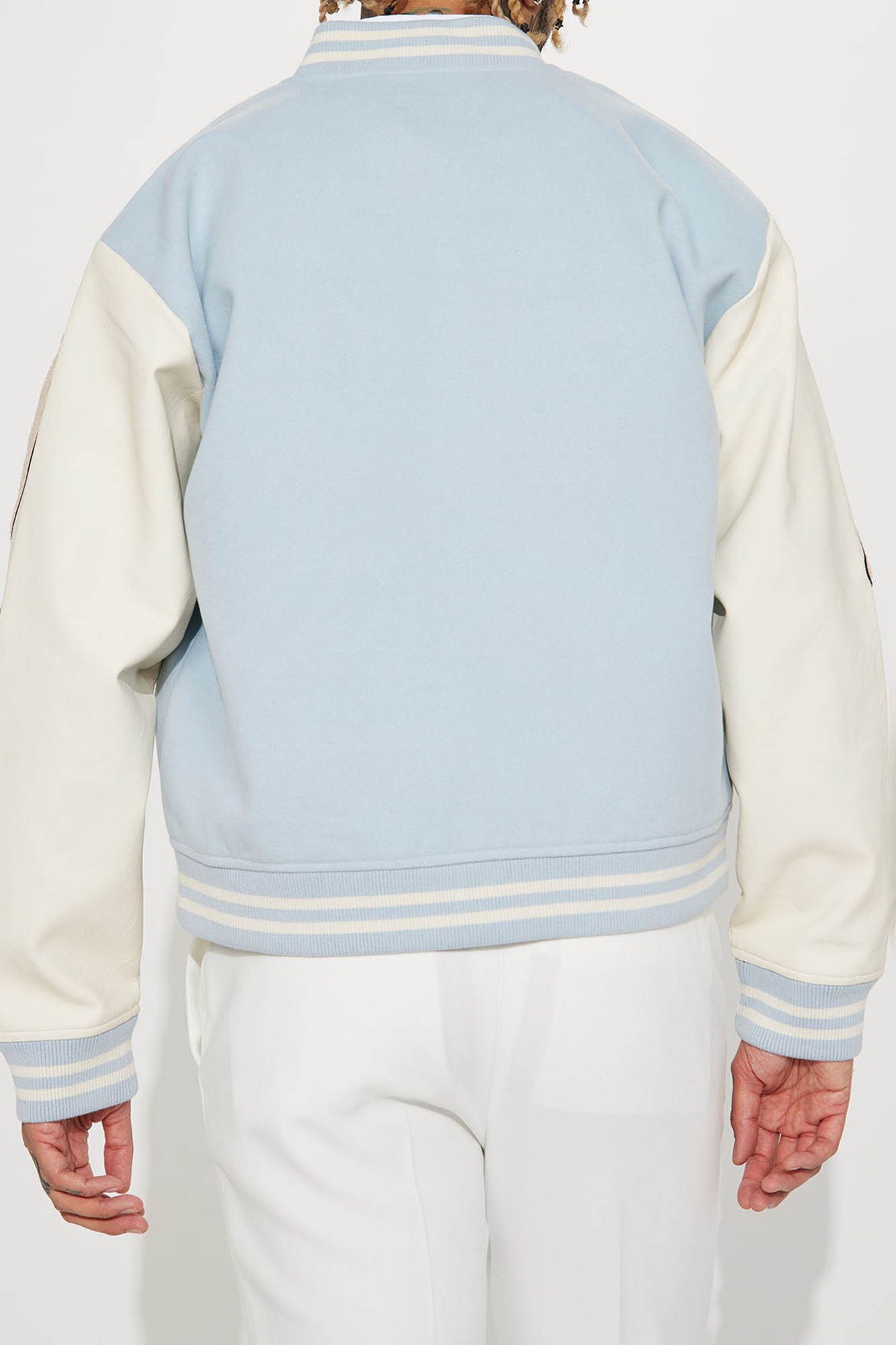 Bone Applique Varsity Bomber Jacket - Light Blue