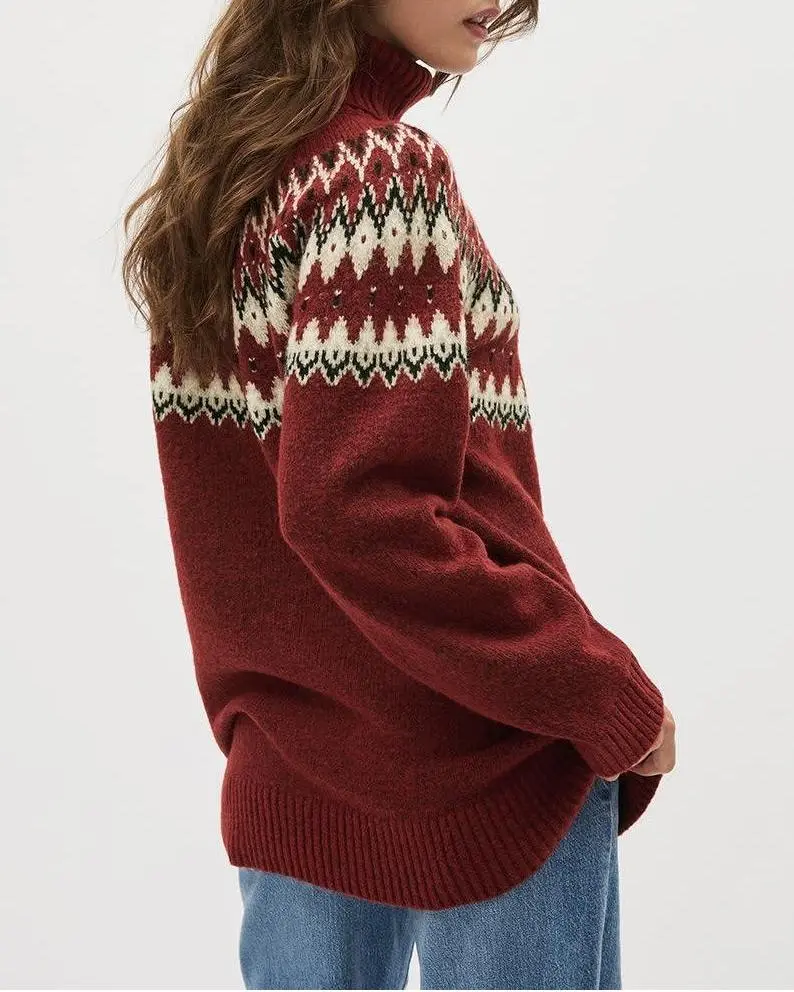 Chunky Turtleneck Sweater with Fair Isle Pattern