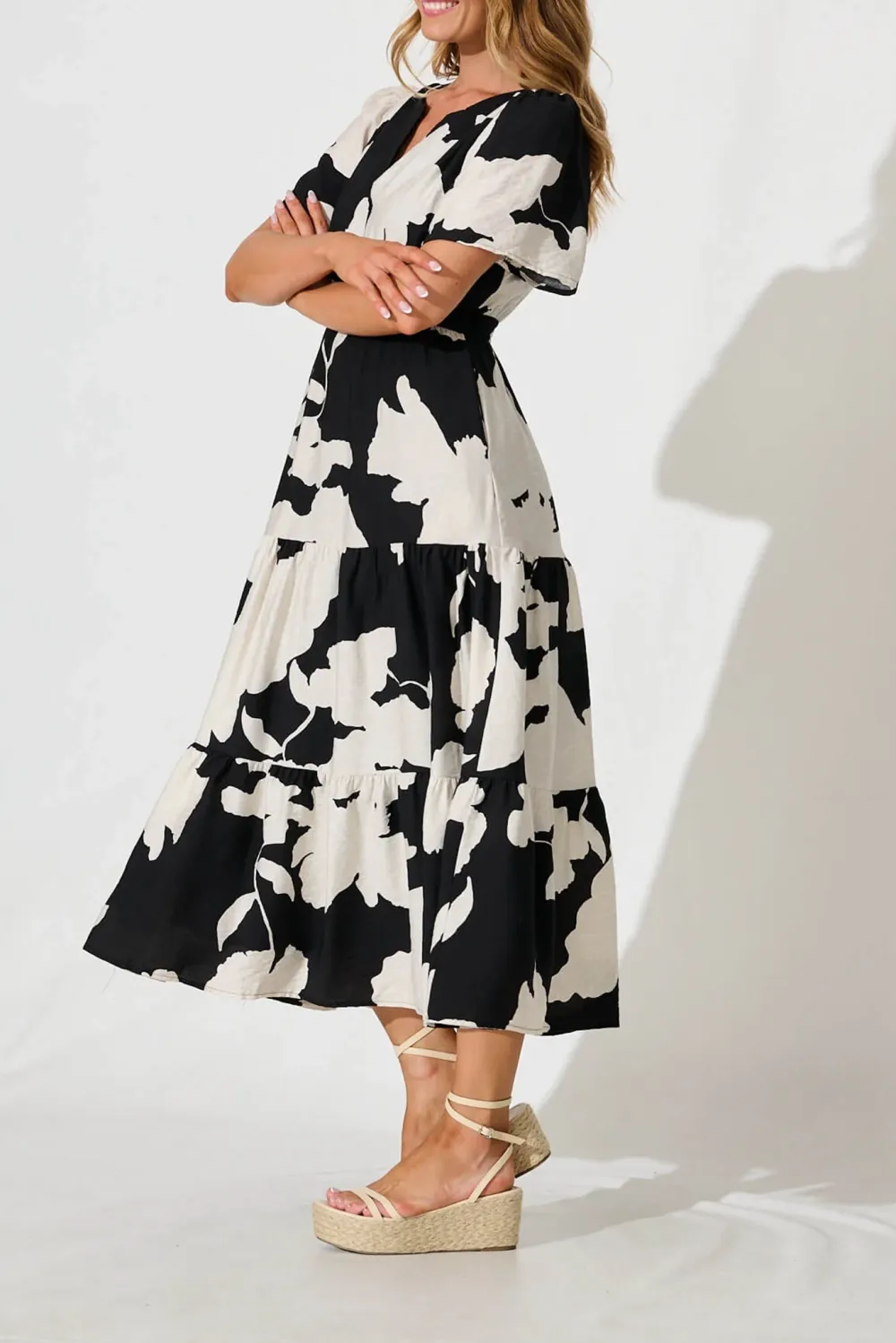 Black Floral Print Tiered Midi Dress