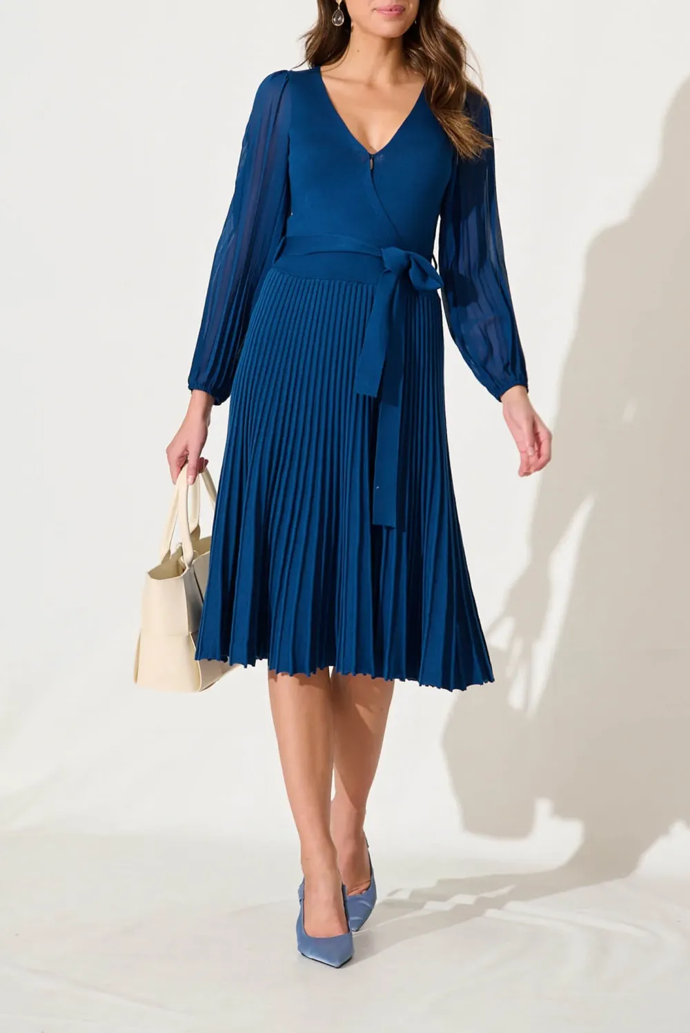 Blue Wrap Style Pleated Knit Dress